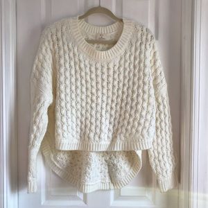 Hi/low cable sweater. So so soft and comfy.